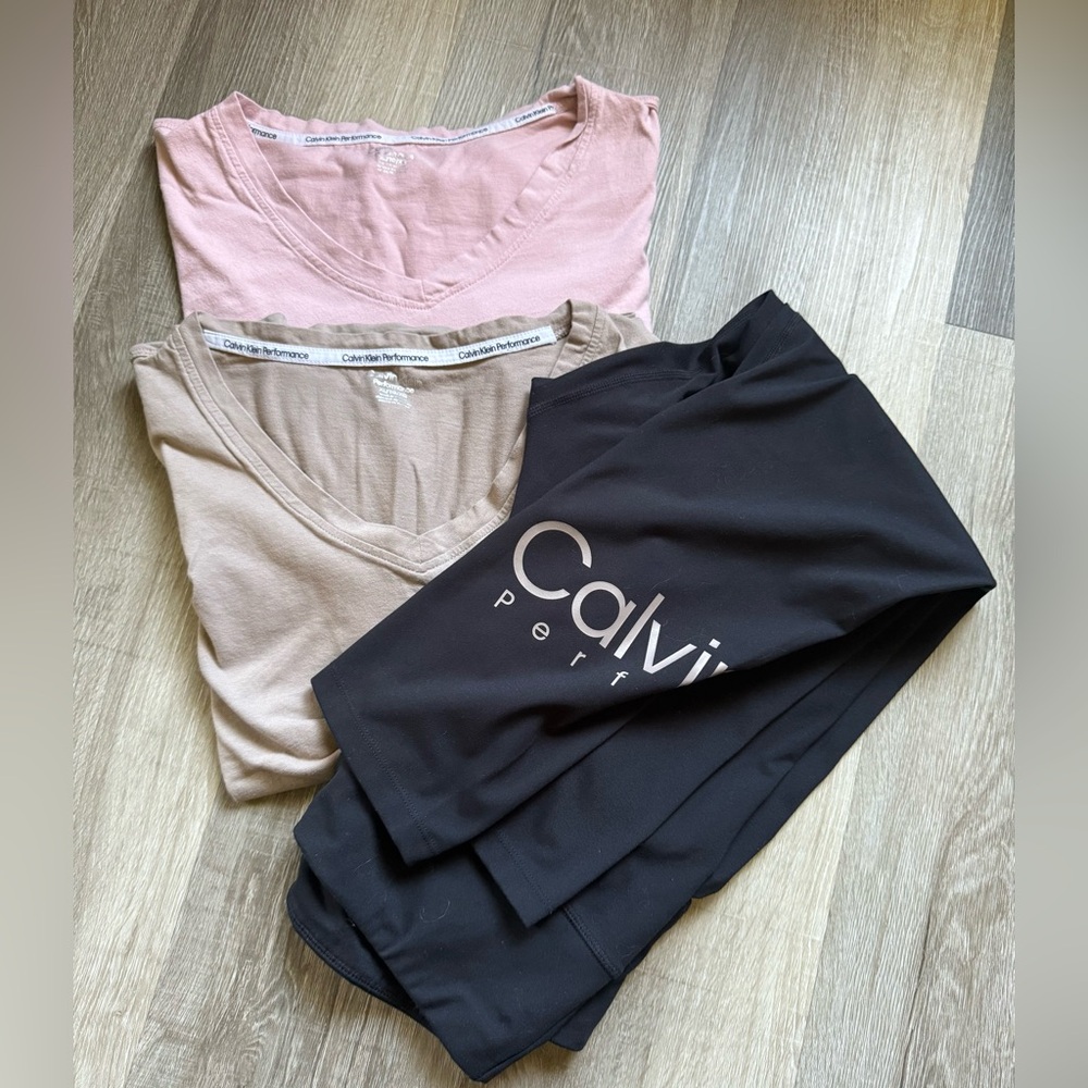 Calvin Performance Black Leggings with Blush & Beige V-Neck Tops